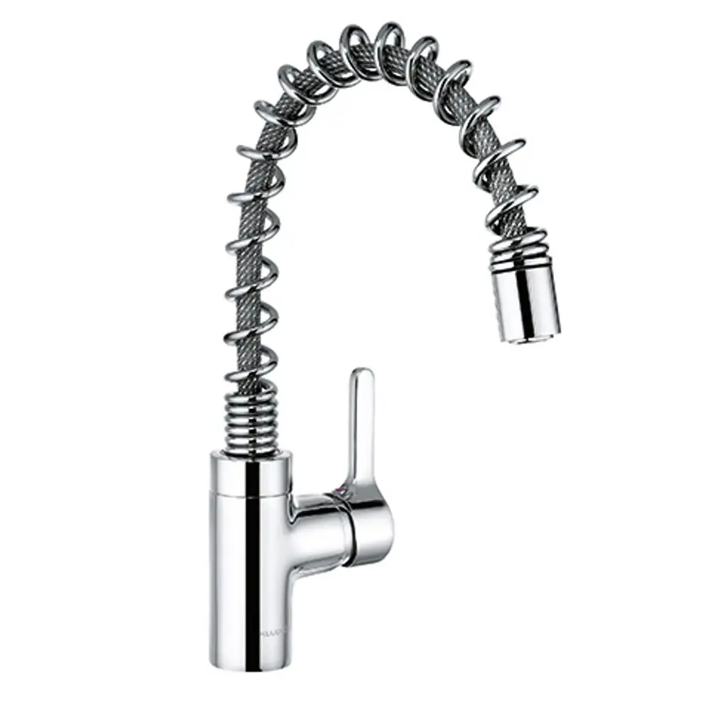 Chromfarbener Küchenarmatur mit flexibel herausziehbarem Auslauf und federnder Schlauchführung, hergestellt von Kludi. Ideal für Spülen und einfache Handhabung.